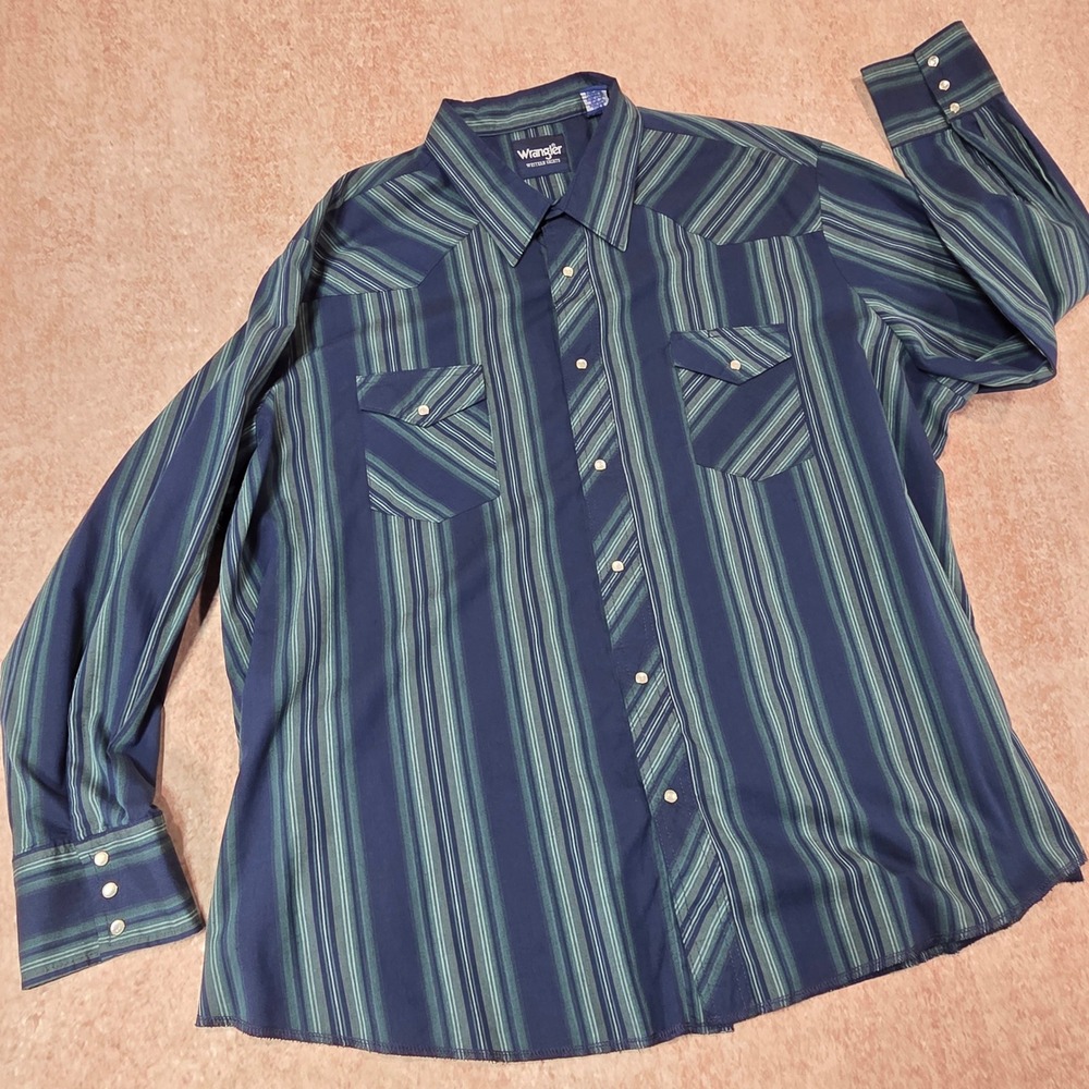 Vintage Wrangler Western Shirt Mens 3XL Blue Green Pearl Snap Long Sleeve Yoke
